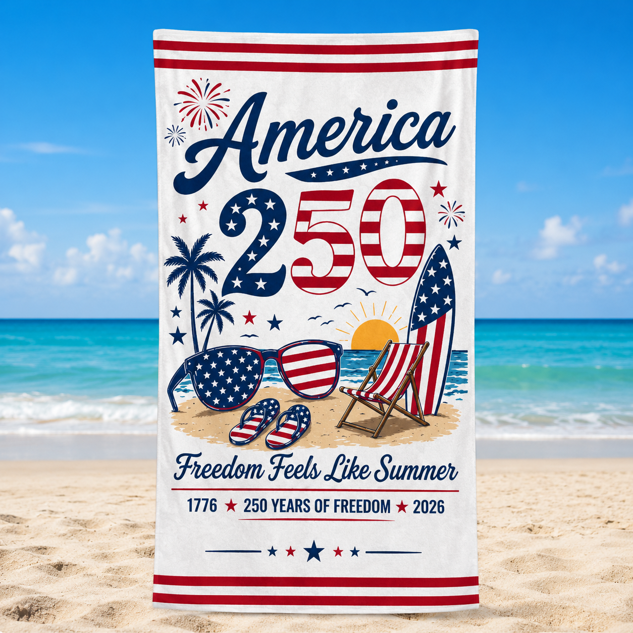 Personalized America 250 Freedom Summer Beach Towel – Custom Name Patriotic Quick-Dry Towel
