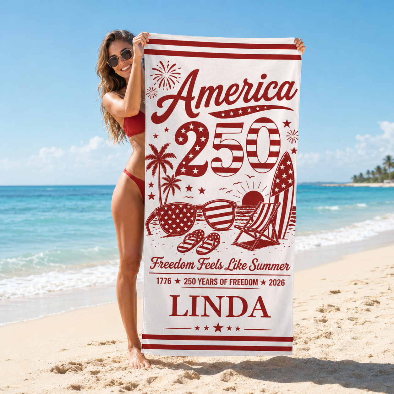 Personalized America 250 Freedom Summer Beach Towel – Custom Name Patriotic Quick-Dry Towel