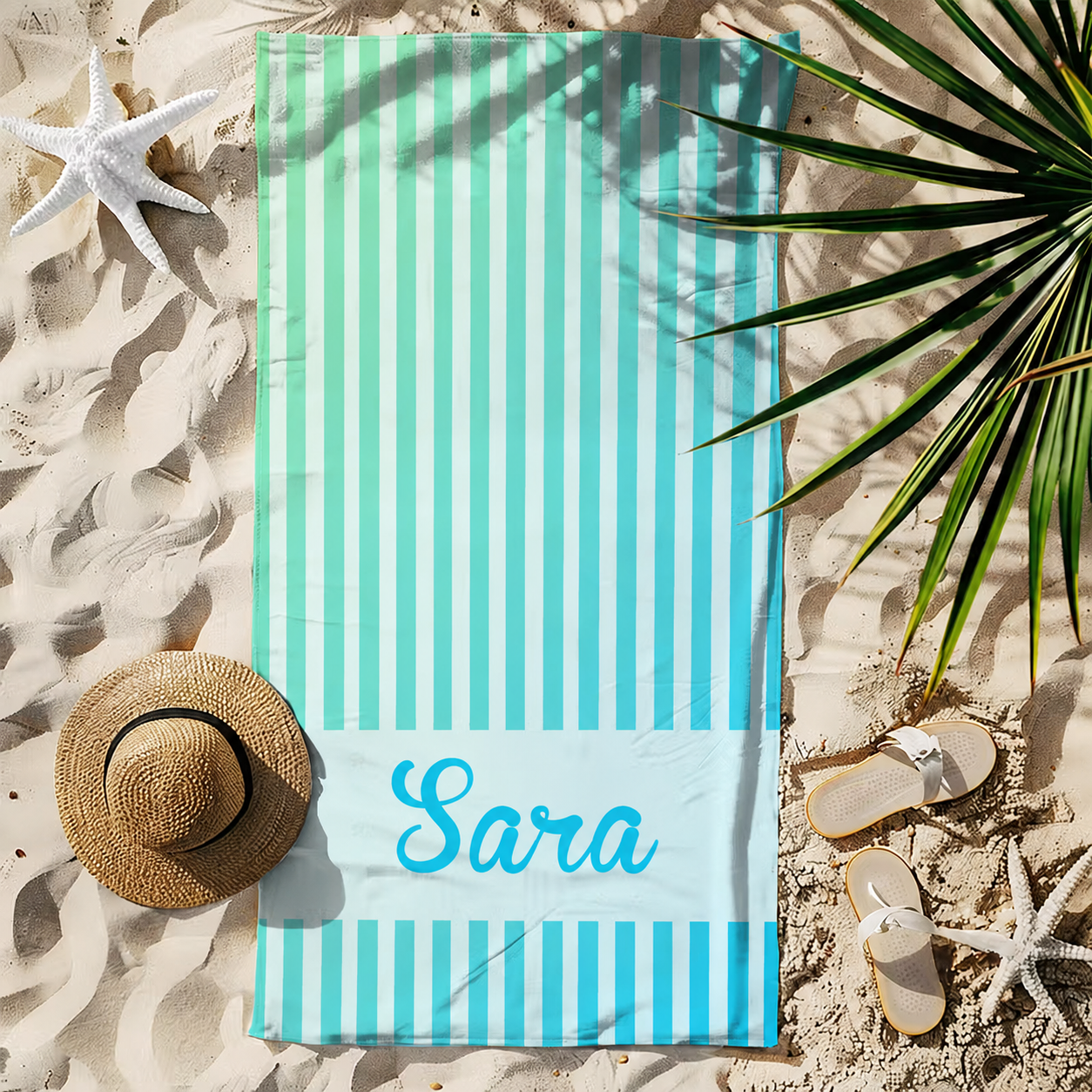 Personalized Coastal Stripe Beach Towel – Custom Name Quick-Dry Summer Towel