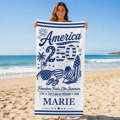 Personalized America 250 Freedom Summer Beach Towel – Custom Name Patriotic Quick-Dry Towel