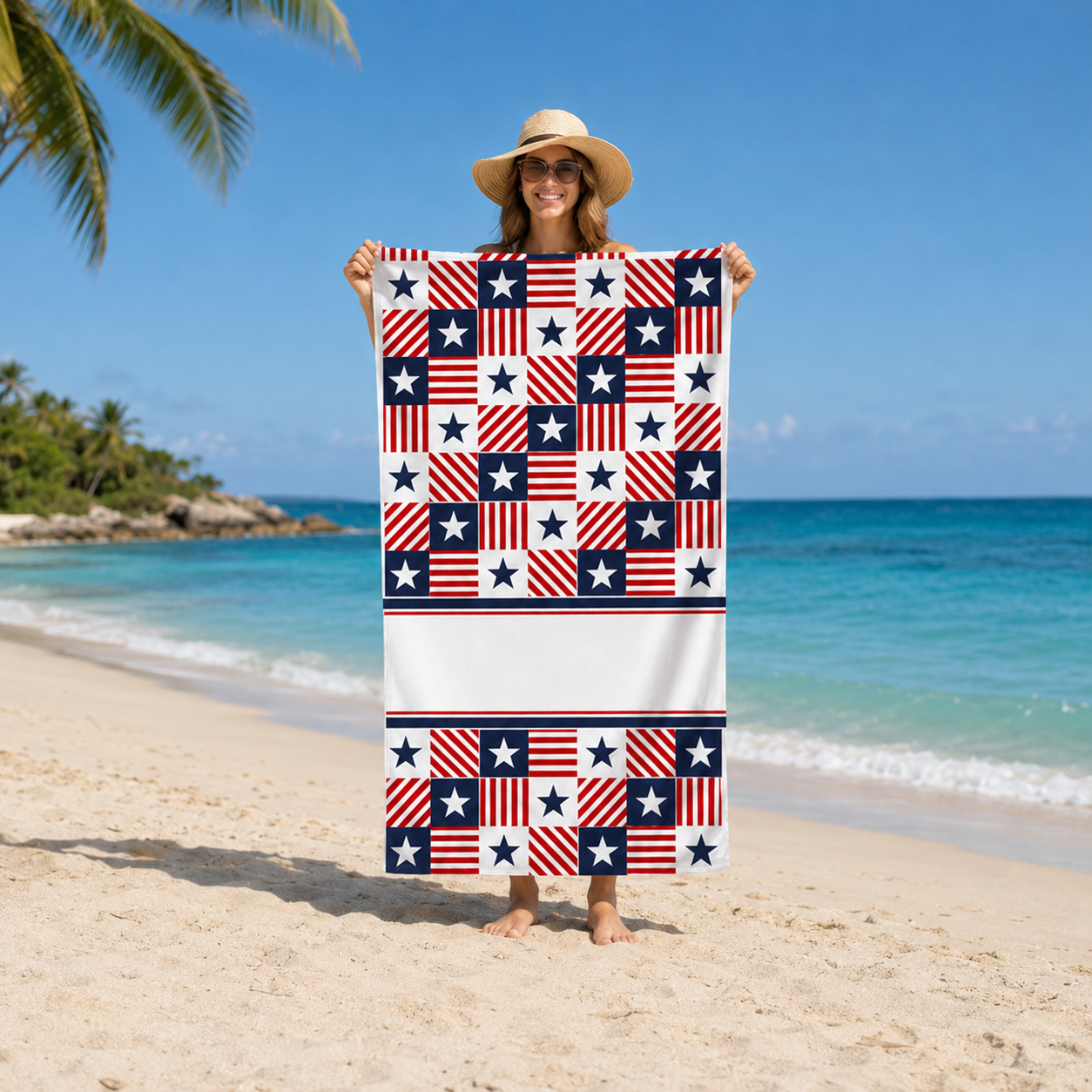 Personalized Patriotic Stars & Stripes Beach Towel – Custom Name Quick-Dry Summer Towel