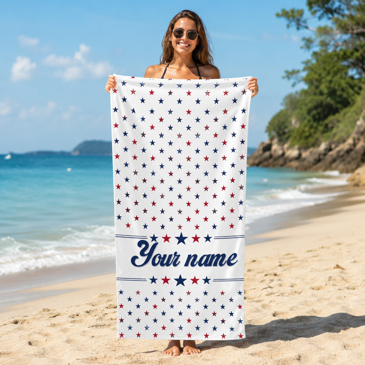 Personalized Patriotic Stars & Stripes Beach Towel – Custom Name Quick-Dry Summer Towel