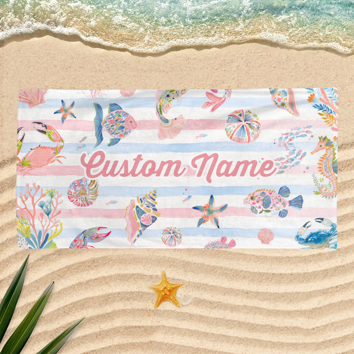 Personalized Watercolor Sea Life Beach Towel – Custom Name Quick-Dry Towel